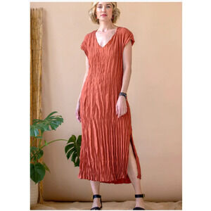 Go Silk Crinkle Cut Midi Dress Washable Silk Cayenne V-Neck Orange Size S NEW